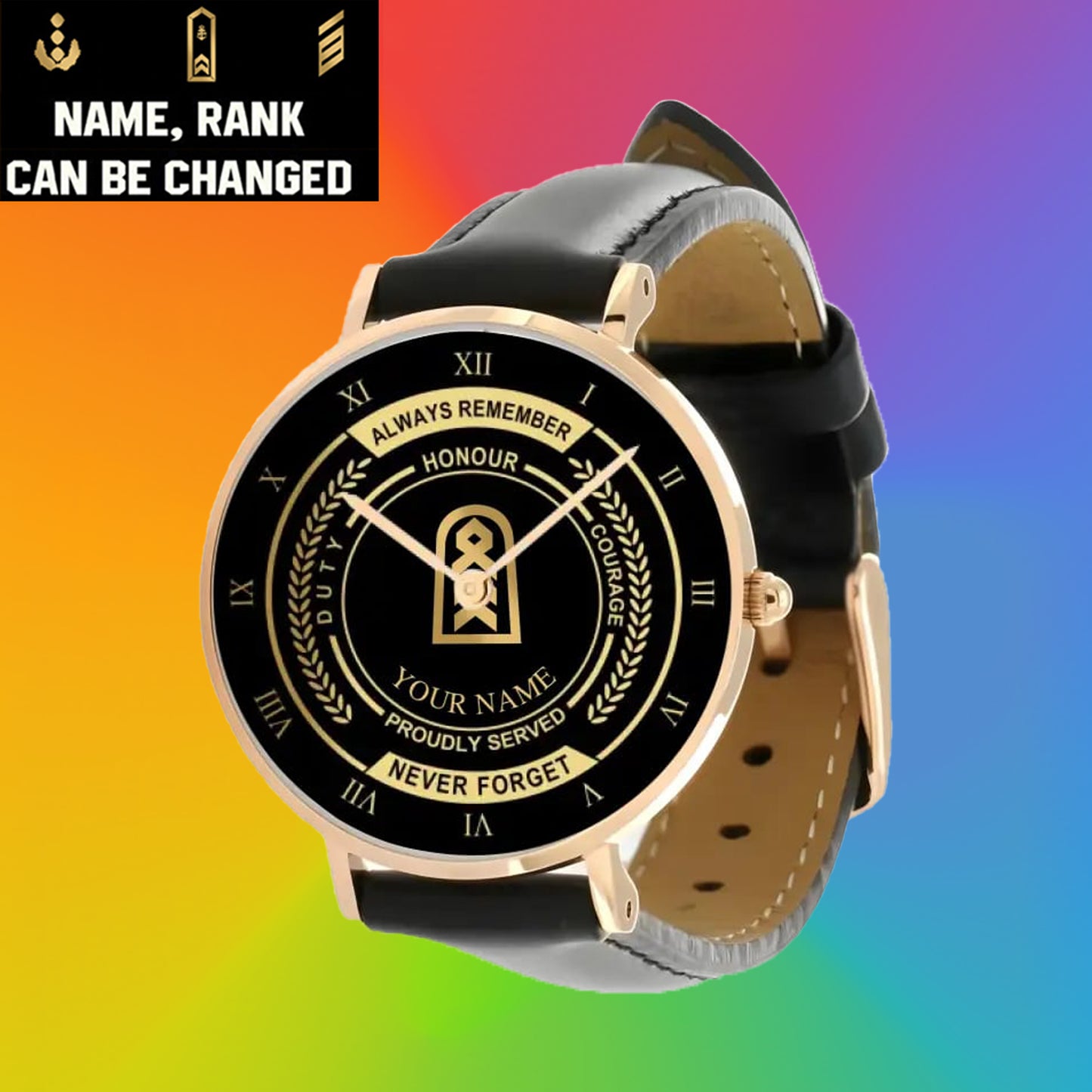 Personalisierte deutsche Soldat/Veteran mit Namen, Rang, schwarze genähte Lederuhr – 0603240002 – goldene Version