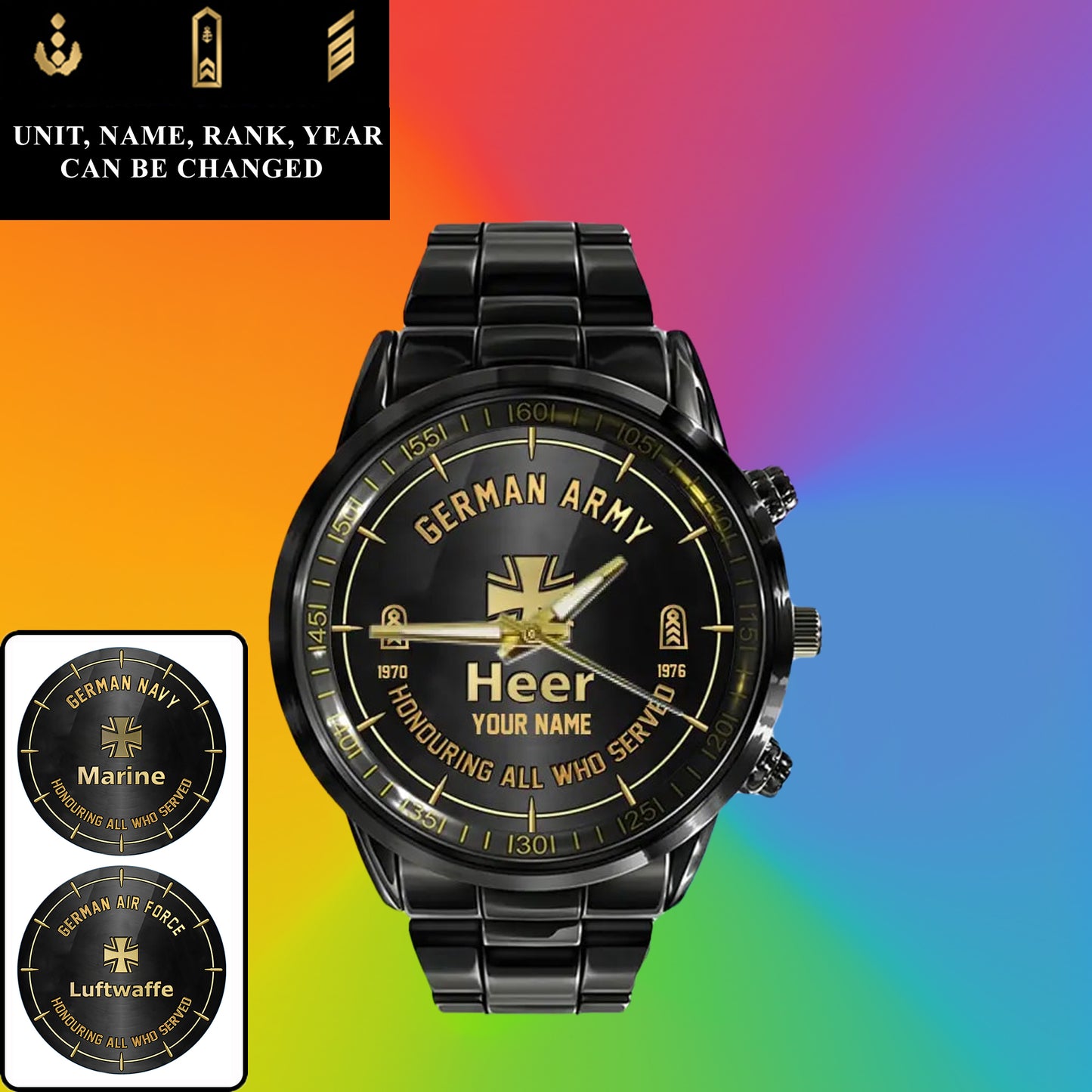 Montre personnalisée en acier inoxydable noir pour soldat/vétéran allemand avec nom, grade et année - 26042401QA - Version dorée