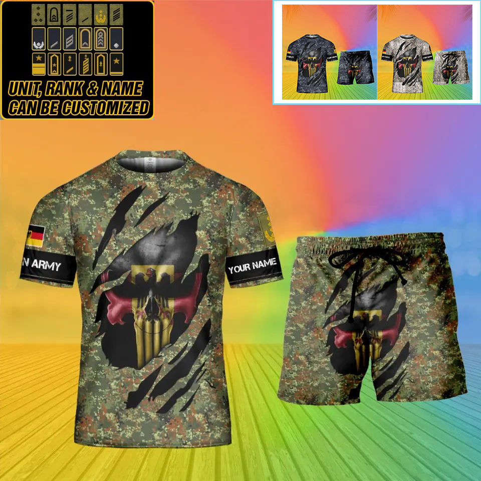 Personalisiertes deutsches Soldaten-/Veteranen-Tarnmuster mit Namen und Rang, Kombi-T-Shirt + Shorts, 3D-Druck – 08042402QA