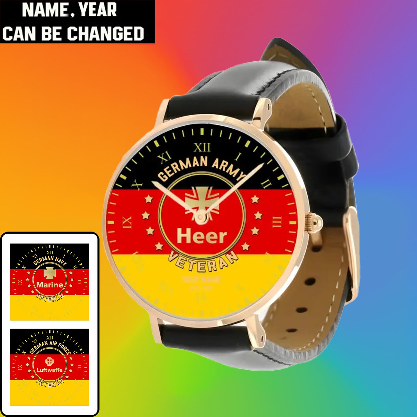 Personalized Germany Soldier/ Veteran With Name And Year Black Stitched Leather Watch - 0204240001 - Gold Version