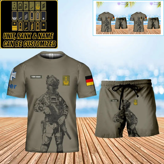 Personalisiertes deutsches Soldaten-/Veteranen-Tarnmuster mit Namen und Rang, Kombi-T-Shirt + Shorts, 3D-Druck – 17042401QA