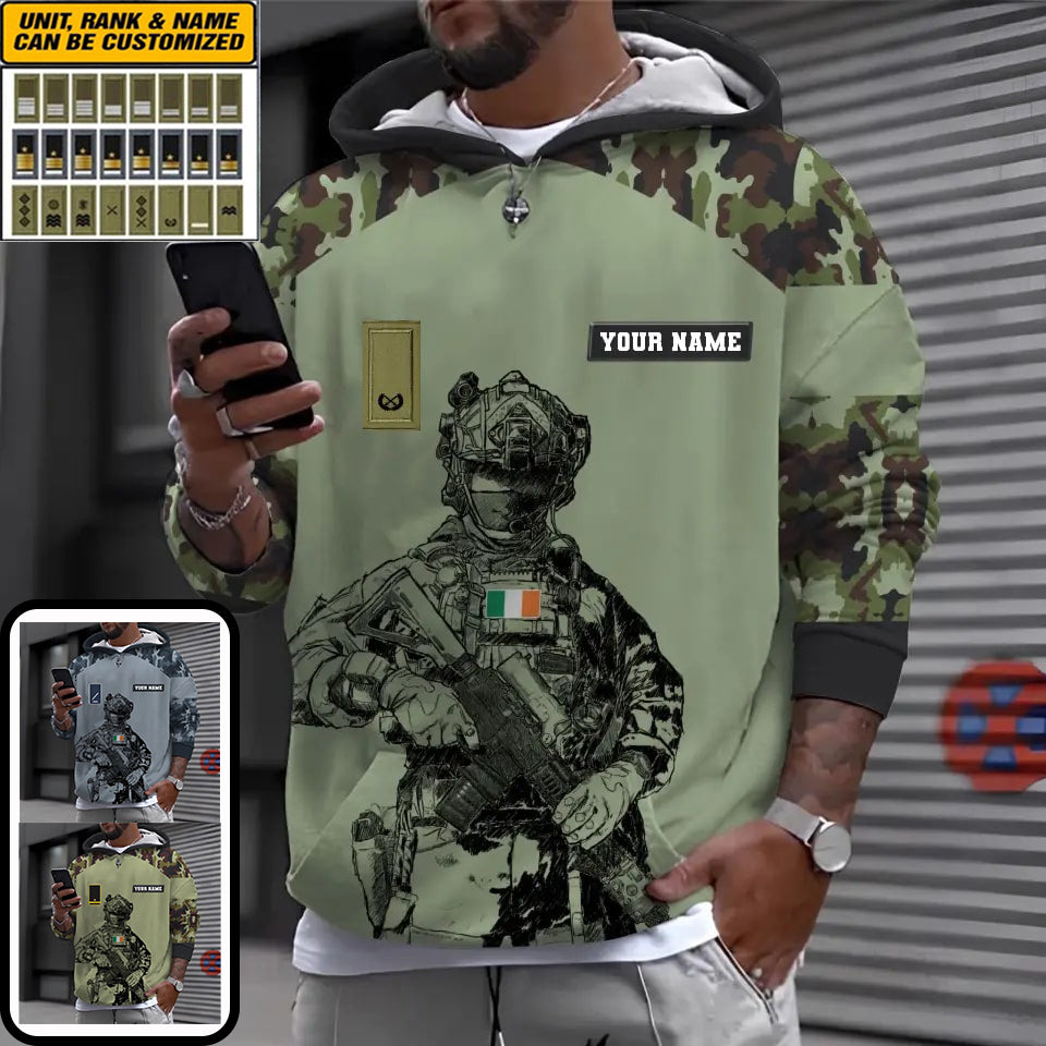 Sweat à capuche personnalisé avec camouflage soldat/vétéran irlandais avec nom et grade imprimé en 3D - 17023392