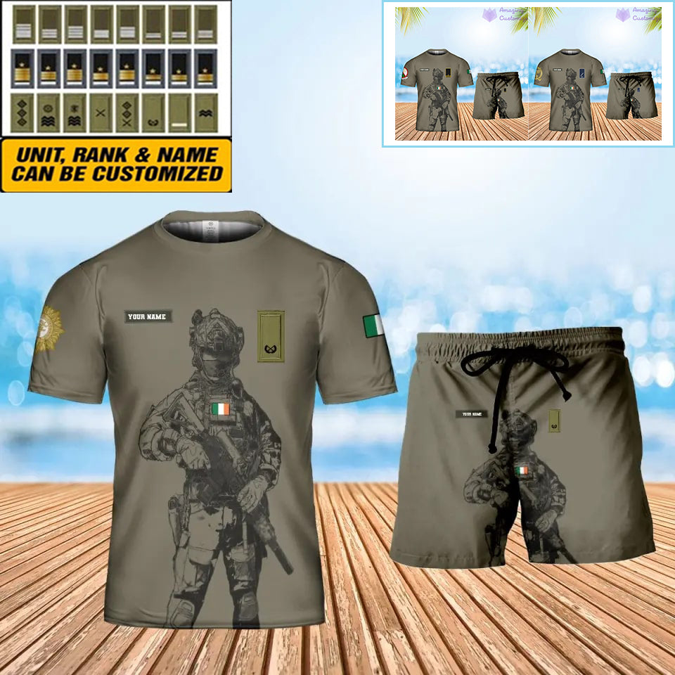 Personalisiertes irisches Soldaten-/Veteranen-Tarnmuster mit Namen und Rang, Kombi-T-Shirt + Short, 3D-Druck – 17042401QA