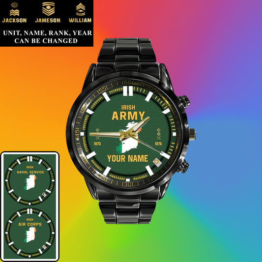 Montre personnalisée en acier inoxydable noir pour soldat/vétéran irlandais avec nom, grade et année - 17062402QA - Version dorée