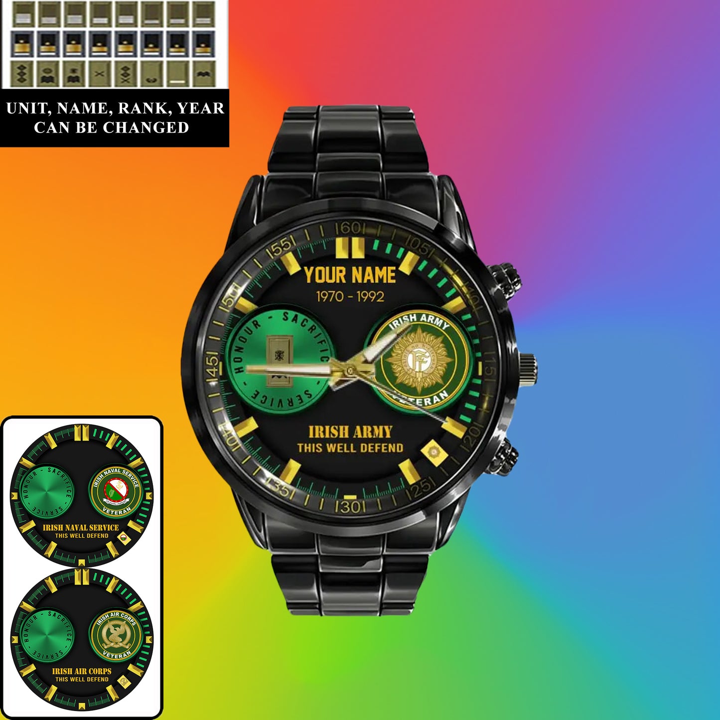 Montre personnalisée en acier inoxydable noir pour soldat/vétéran irlandais avec nom, grade et année - 18062402QA - Version dorée