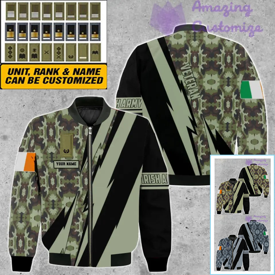 Personalisierte Bomberjacke mit irischem Soldaten-/Veteranen-Camouflagemuster und Namen und Rang, 3D-Druck – 03042401QA