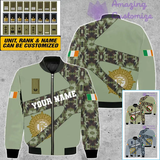 Personalisierte Bomberjacke mit irischem Soldaten-/Veteranen-Camouflagemuster mit Namen und Rang, 3D-Druck – 300124QA