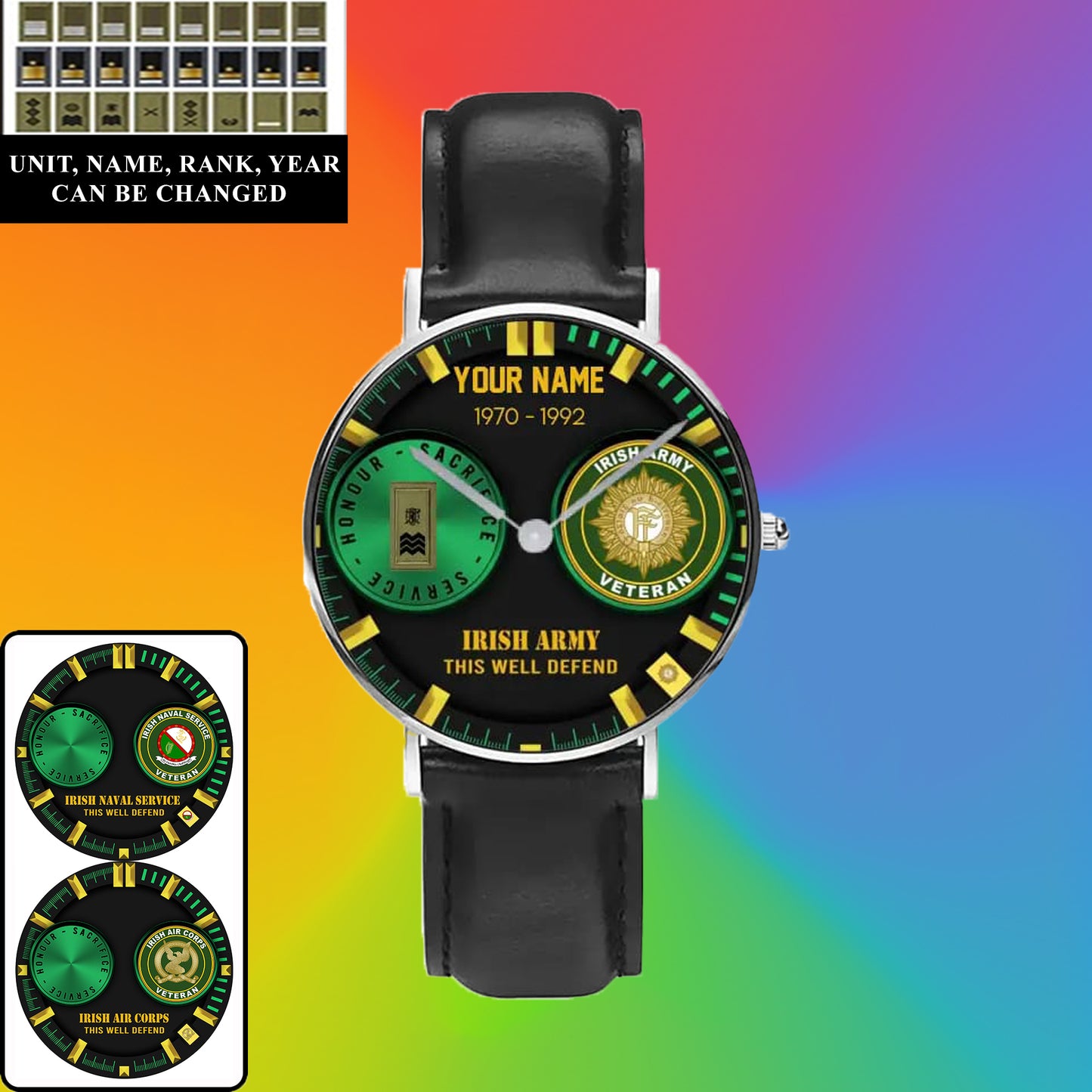 Personalized Ireland Soldier/ Veteran With Name, Rank and Year Black Stitched Leather Watch - 18062402QA - Gold Version