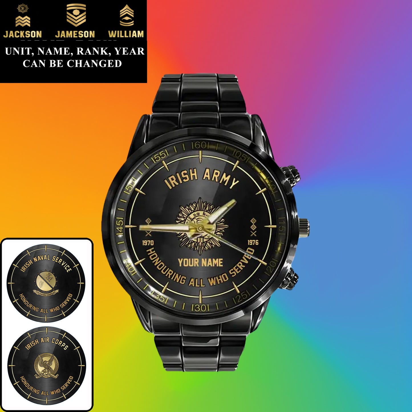 Montre personnalisée en acier inoxydable noir pour soldat/vétéran irlandais avec nom, grade et année - 26042401QA - Version dorée