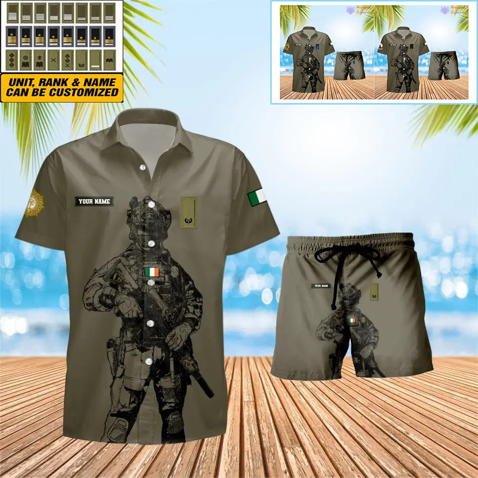 T-shirt hawaïen personnalisé avec camouflage soldat/vétéran irlandais et combo de grades + short imprimé en 3D - 17042401QA