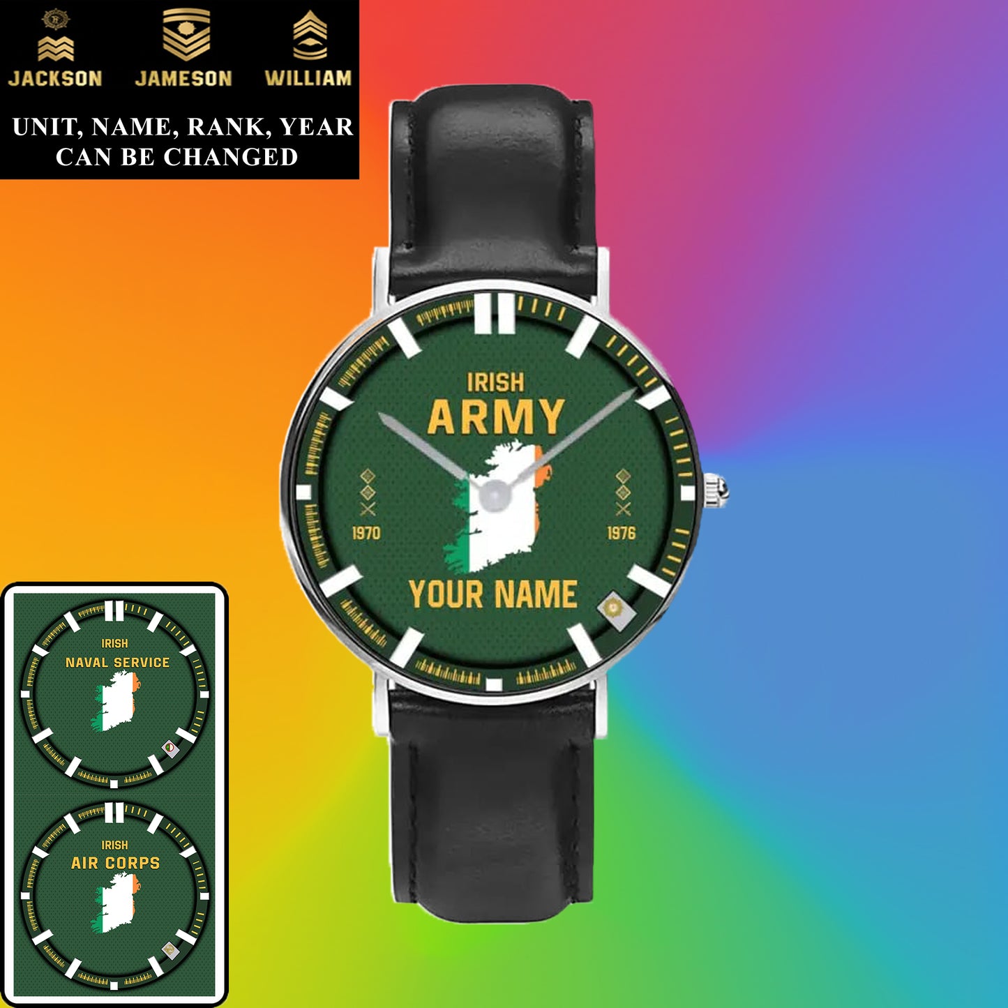 Montre personnalisée en cuir noir avec coutures noires pour soldat/vétéran irlandais avec nom, grade et année - 17062402QA - Version dorée