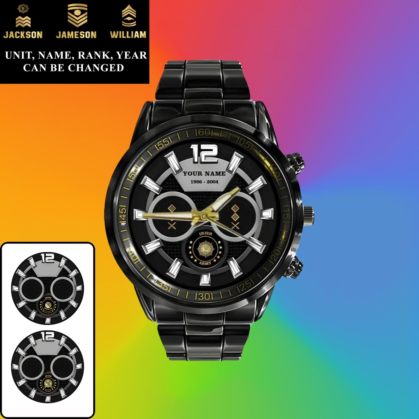 Montre personnalisée en acier inoxydable noir pour soldat/vétéran irlandais avec nom, grade et année - 27042401QA - Version dorée