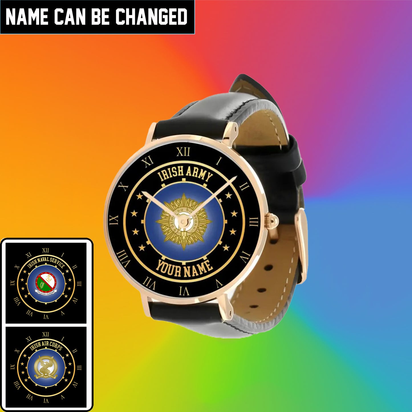 Personalisierte irische Soldat/Veteran mit Namen, schwarze genähte Lederuhr – 05042401 QA – goldene Version