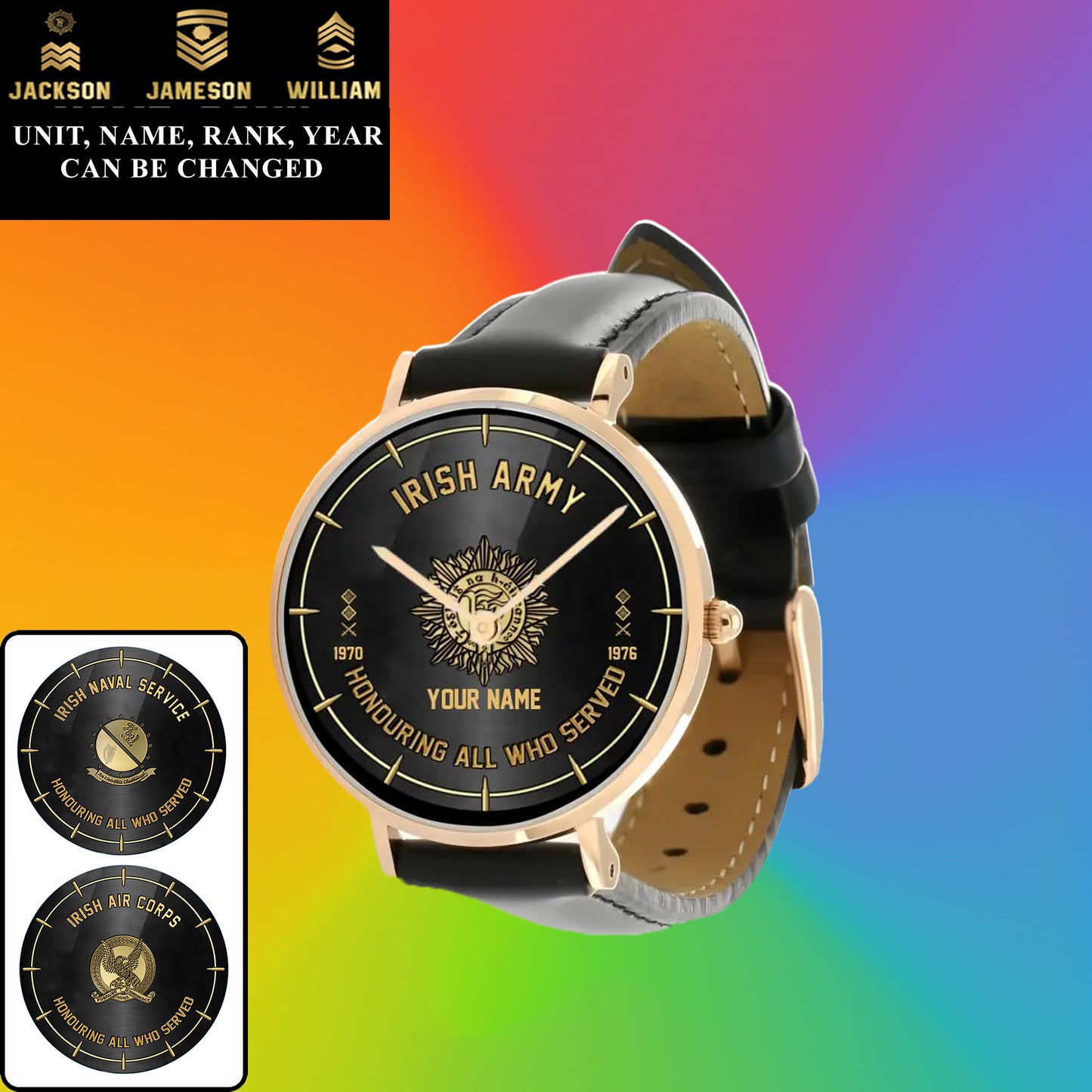 Montre personnalisée en cuir noir avec coutures noires pour soldat/vétéran irlandais avec nom, grade et année - 26042401QA - Version dorée