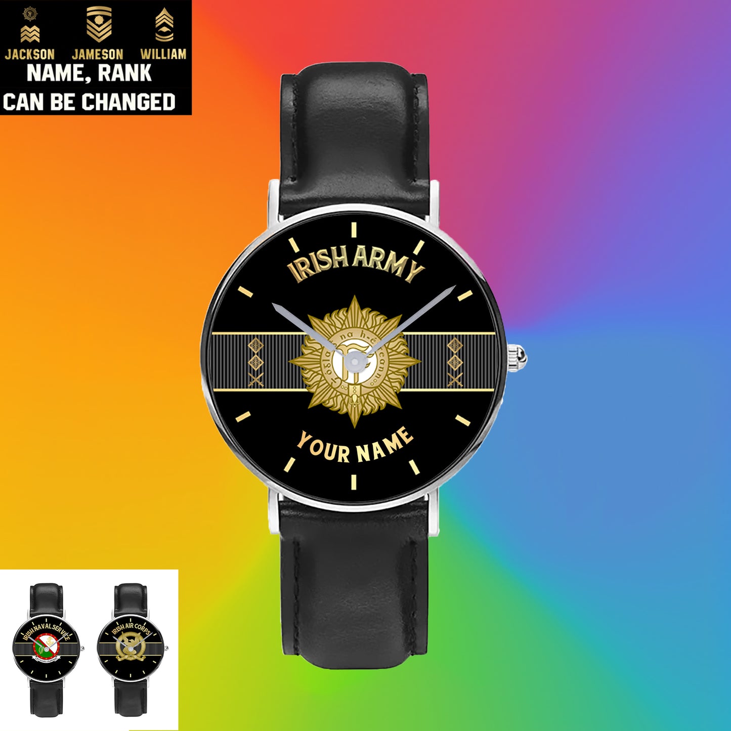 Personalized Ireland Soldier/ Veteran With Name And Rank Black Stitched Leather Watch - 0703240001 - Gold Version