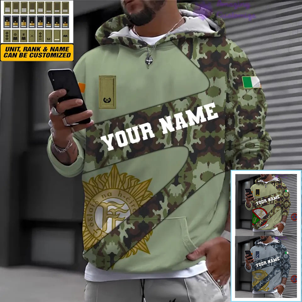 Personalisierter Kapuzenpullover mit 3D-Druck für irische Soldaten/Veteranen im Camouflage-Muster mit Namen und Rang – 17065728