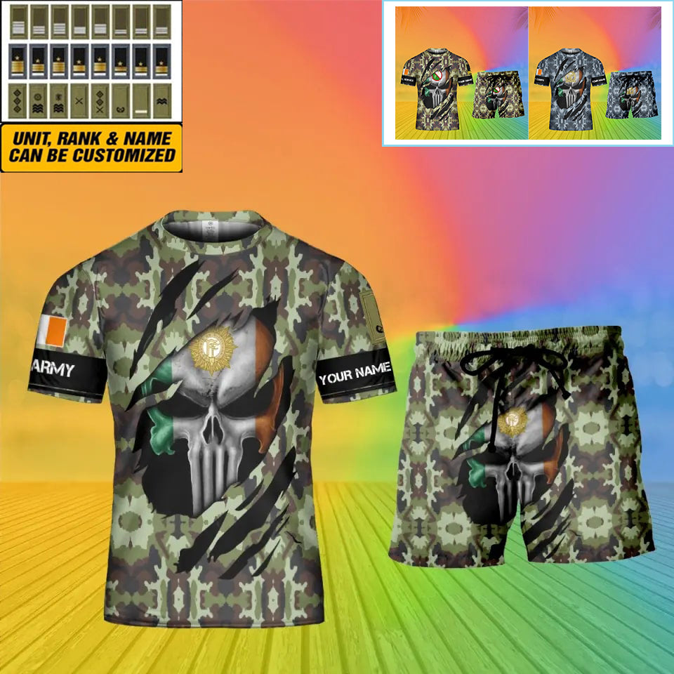 T-shirt personnalisé avec camouflage soldat/vétéran irlandais avec nom et grade + short imprimé en 3D - 08042402QA