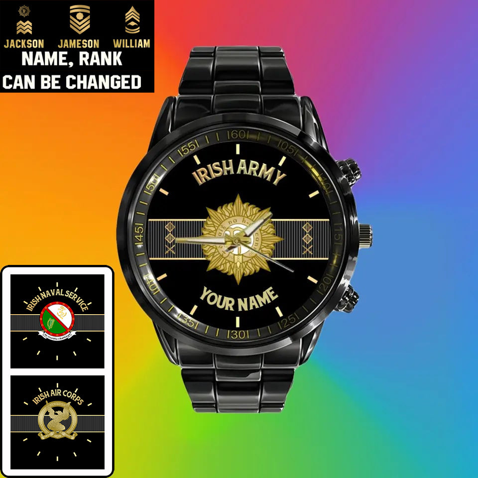 Montre personnalisée en acier inoxydable noir pour soldat/vétéran irlandais avec nom et grade - 0703240001 - Version dorée