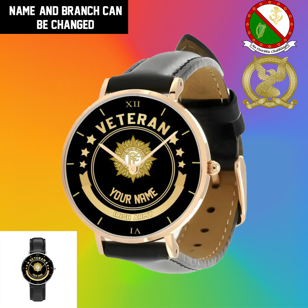 Personalisierte irische Soldat/Veteran mit Namen, schwarze genähte Lederuhr – 1103240001 – goldene Version