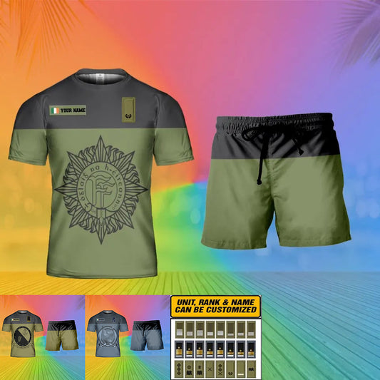 Personalisiertes irisches Soldaten-/Veteranen-Tarnmuster mit Namen und Rang, Kombi-T-Shirt + Short, 3D-Druck – 15Mar2401