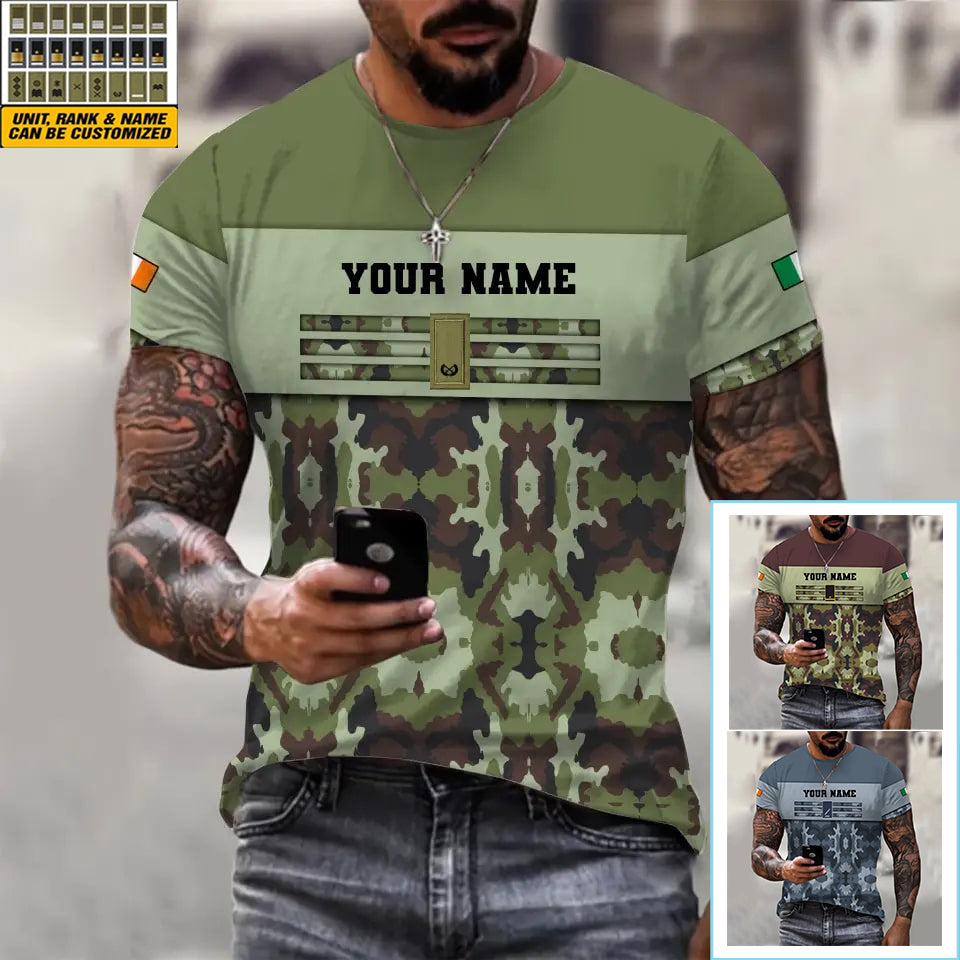 Personalisiertes irisches Soldaten-/Veteranen-T-Shirt mit Camouflage-Muster und Namen und Rang, 3D-Druck – 1201240001QA