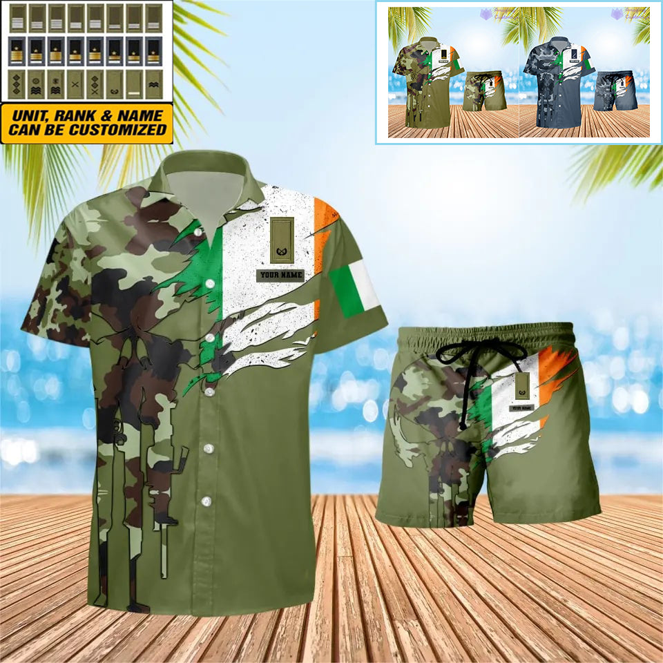 T-shirt hawaïen personnalisé avec camouflage soldat/vétéran irlandais et combo de grades + short imprimé en 3D - 0311230001QA