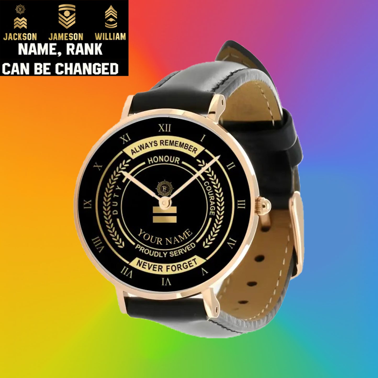 Montre personnalisée en cuir noir avec coutures noires pour soldat/vétéran irlandais avec nom et grade - 0603240002 - Version dorée