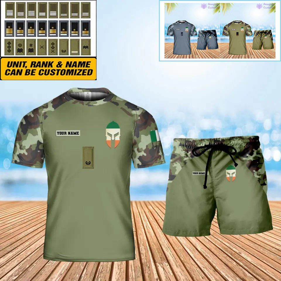 T-shirt personnalisé avec camouflage soldat/vétéran irlandais avec nom et grade + short imprimé en 3D - 1010230001QA