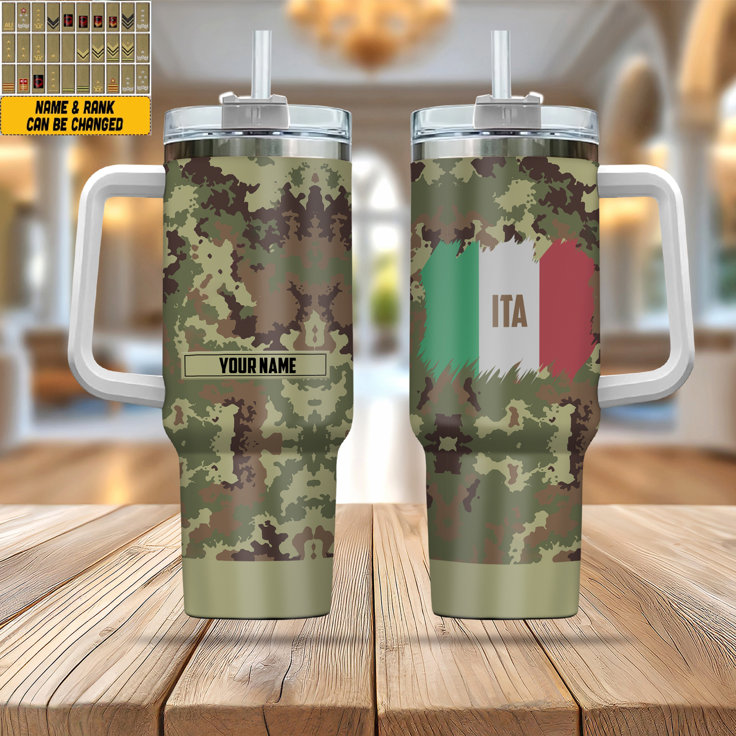 Personalisierter italienischer Soldat/Veteranen-Tarnbecher mit Namen und Rang, 40 oz, 3D-Druck – 2401240001