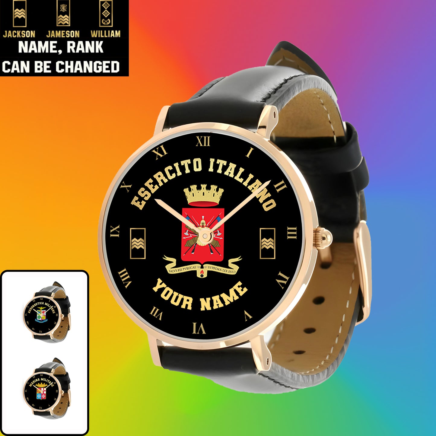 Montre personnalisée en cuir noir avec coutures noires pour soldat/vétéran italien avec nom et grade - 0803240001 - Version dorée