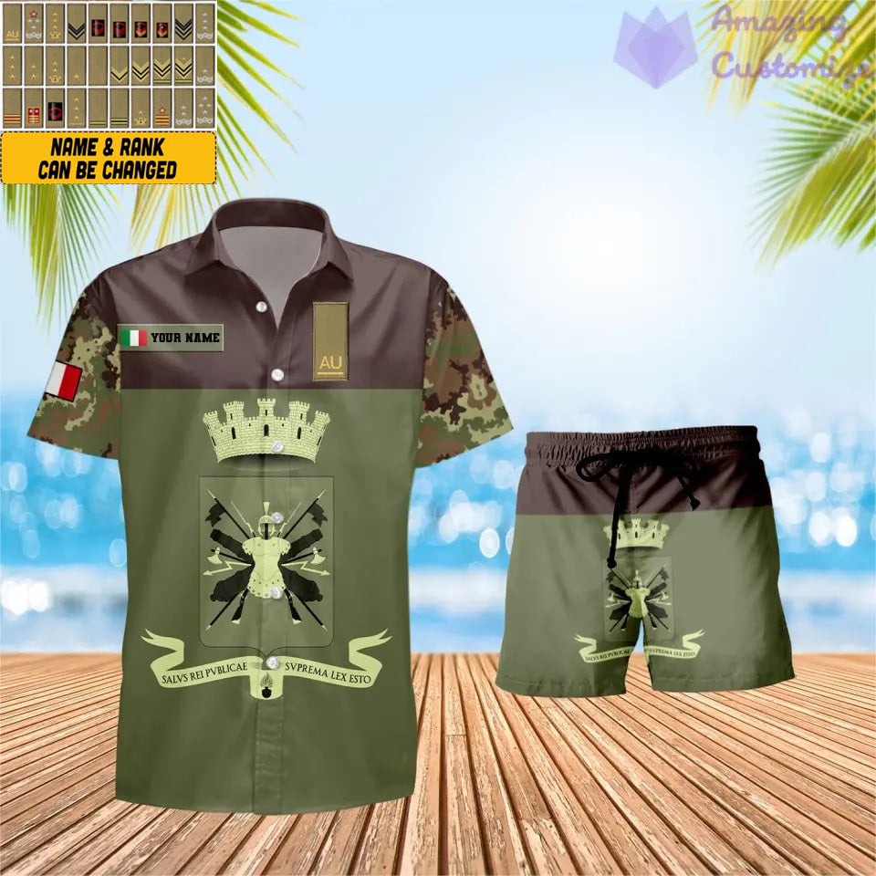 T-shirt Hawaï personnalisé avec camouflage soldat/vétéran italien et combo de grades + short imprimé en 3D - 0906230001QA