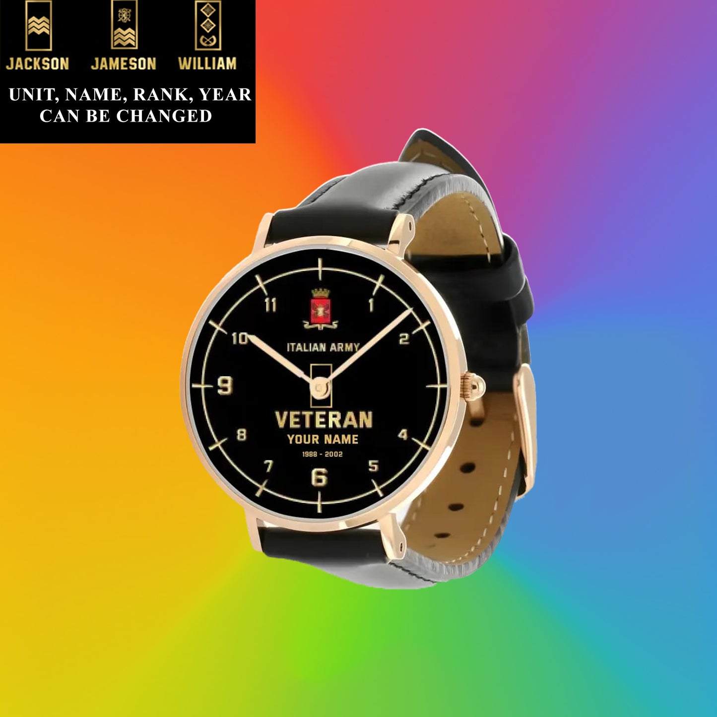 Montre personnalisée en cuir noir avec coutures noires pour soldat/vétéran italien avec nom, grade et année - 03052402QA - Version dorée