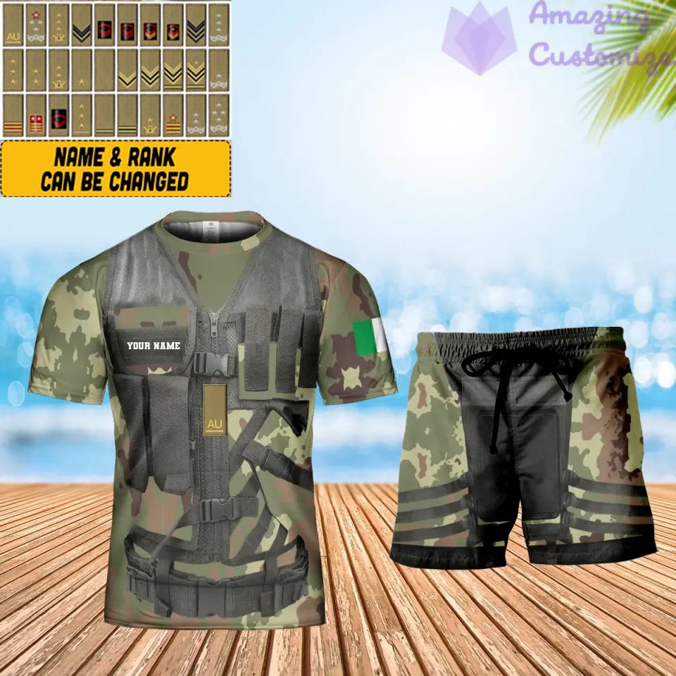 Personalisiertes italienisches Soldaten-/Veteranen-Tarnmuster mit Namen und Rang, Kombi-T-Shirt + Shorts, 3D-Druck – 22042401QA