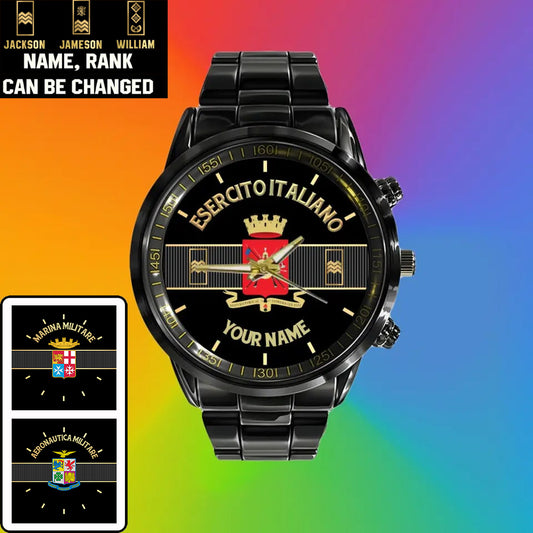 Personalized Italy Soldier/ Veteran With Name And Rank Black Stainless Steel Watch - 0703240001 - Gold Version