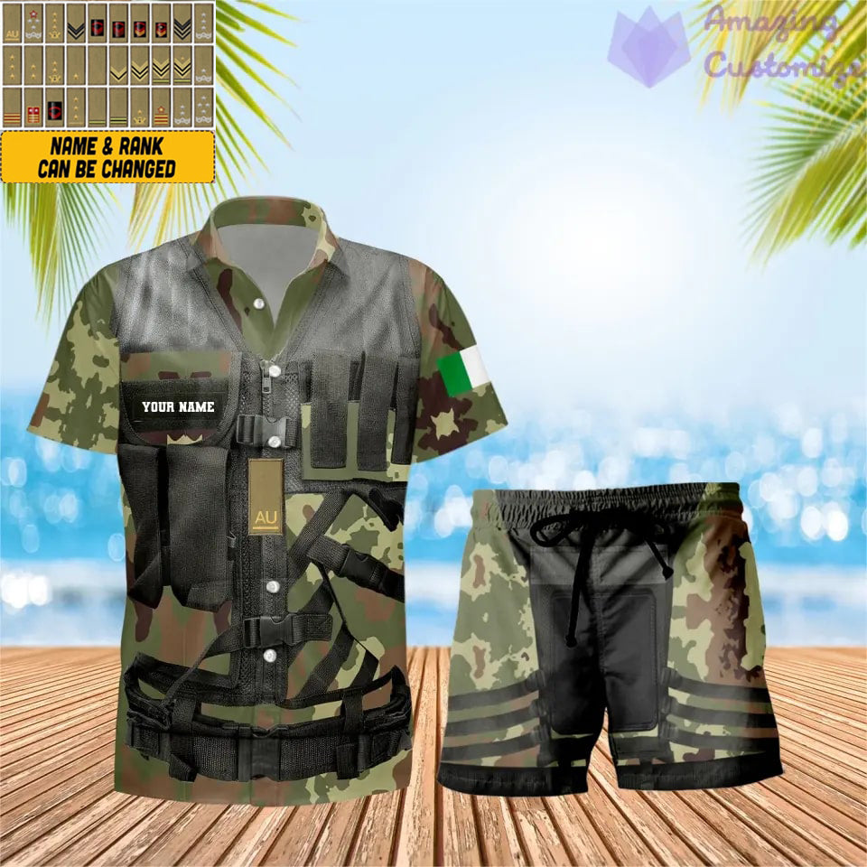 Personalisierter italienischer Soldat/Veteran, Camouflage mit Rangkombination, Hawaiihemd + Shorts, 3D-Druck – 22042401QA