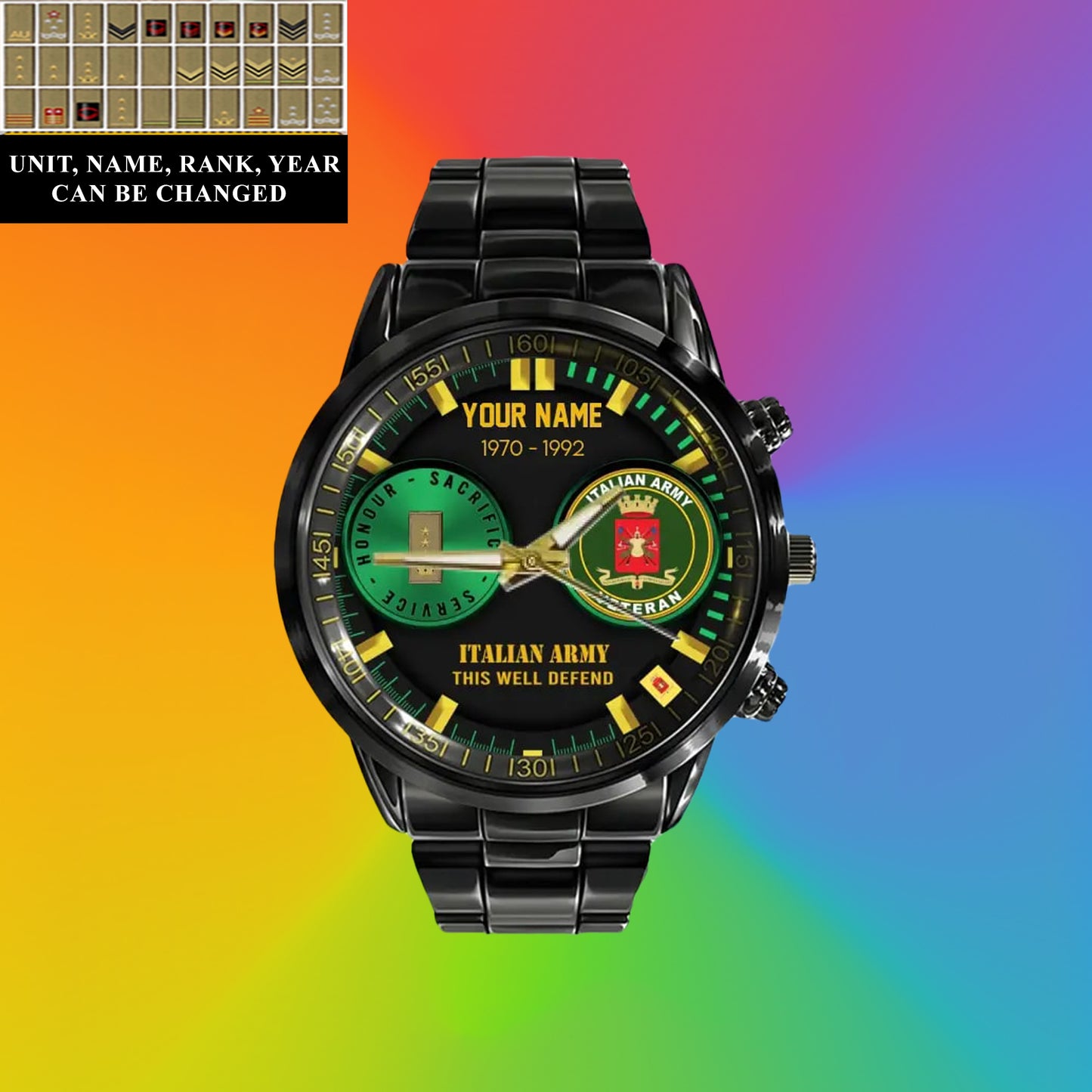 Personalized Italy Soldier/ Veteran With Name, Rank and Year Black Stainless Steel Watch - 18062402QA - Gold Version