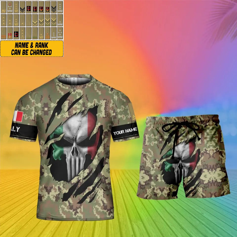 Personalisiertes italienisches Soldaten-/Veteranen-Tarnmuster mit Namen und Rang, Kombi-T-Shirt + Shorts, 3D-Druck -08042402QA