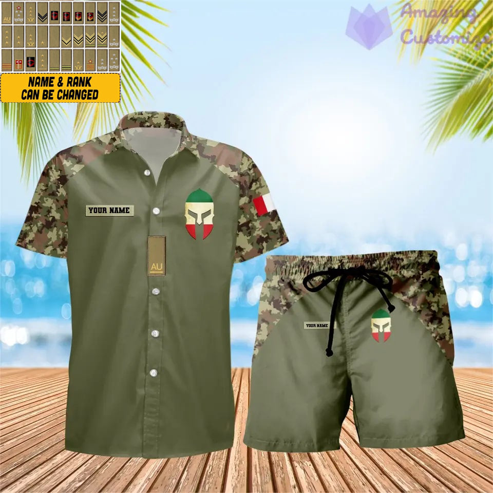 Personalisierter italienischer Soldat/Veteran, Camouflage mit Rangkombination, Hawaiihemd + Shorts, 3D-Druck – 1010230001QA