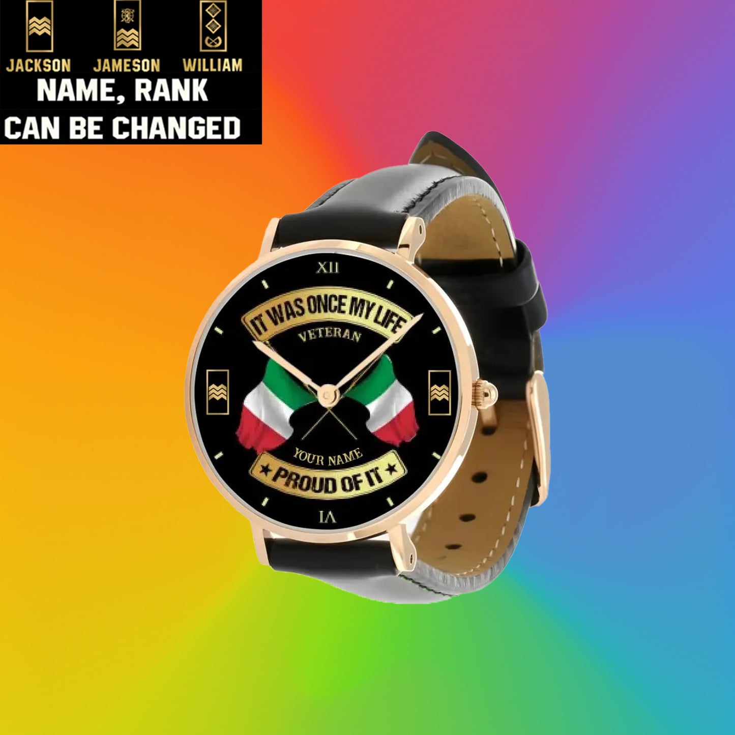 Personalisierte italienische Soldat/Veteran mit Namen und Rang, genähte Lederuhr – 03052401QA – goldene Version