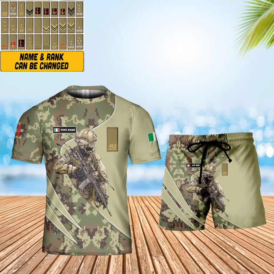 T-shirt personnalisé avec camouflage soldat/vétéran italien avec nom et grade + short imprimé en 3D -15052401QA