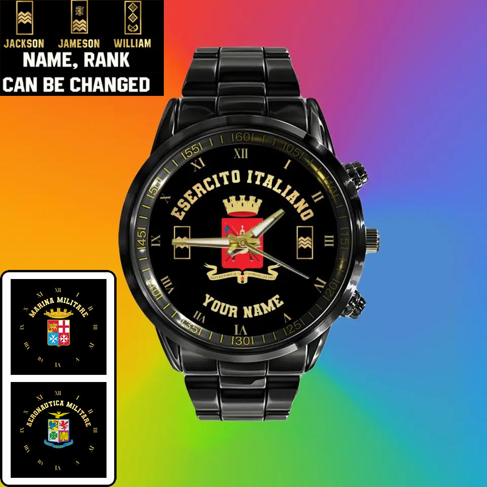 Personalized Italy Soldier/ Veteran With Name And Rank  Black Stainless Steel Watch - 0803240001 - Gold Version