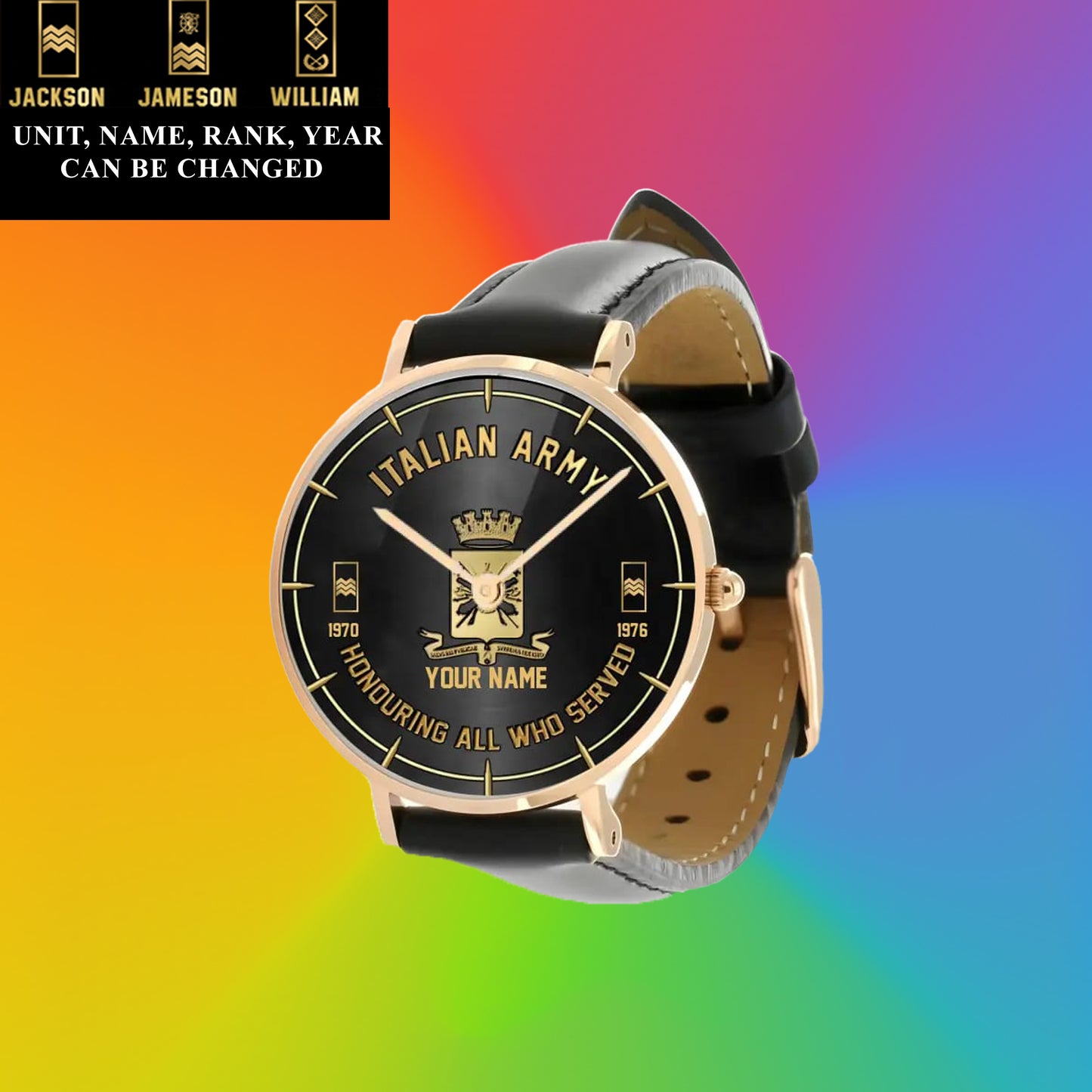 Personalisierte italienische Soldat/Veteran mit Namen, Rang und Jahr, schwarze genähte Lederuhr – 26042401QA – goldene Version