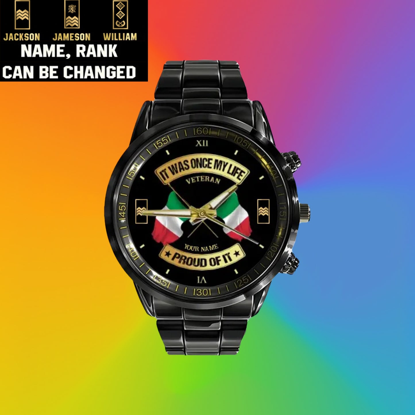 Personalized Italy Soldier/ Veteran With Name and Rank Black Stainless Steel Watch - 03052401QA - Gold Version