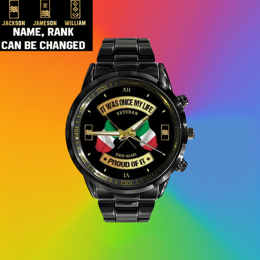 Personalized Italy Soldier/ Veteran With Name and Rank Black Stainless Steel Watch - 03052401QA - Gold Version