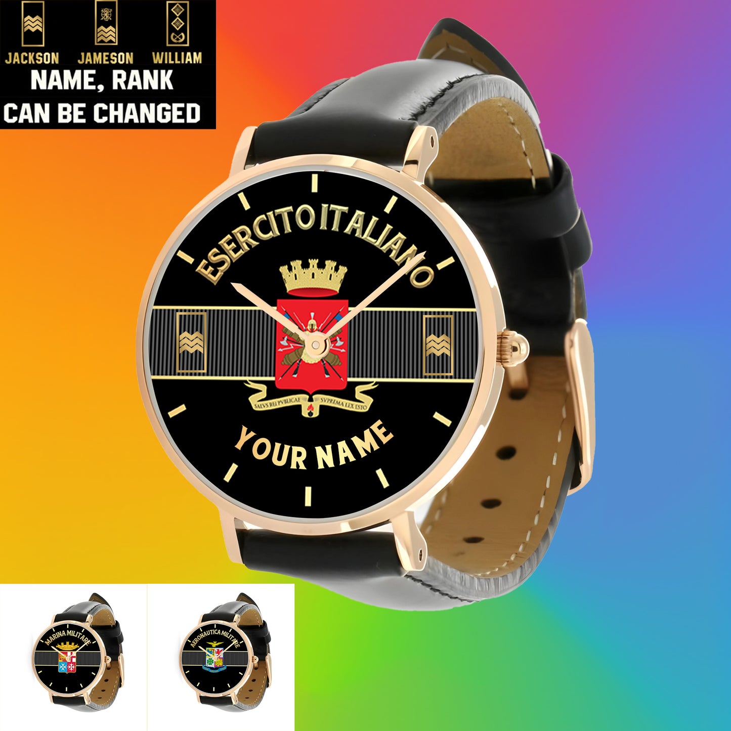 Montre personnalisée en cuir noir avec coutures noires pour soldat/vétéran italien avec nom et grade - 0703240001 - Version dorée