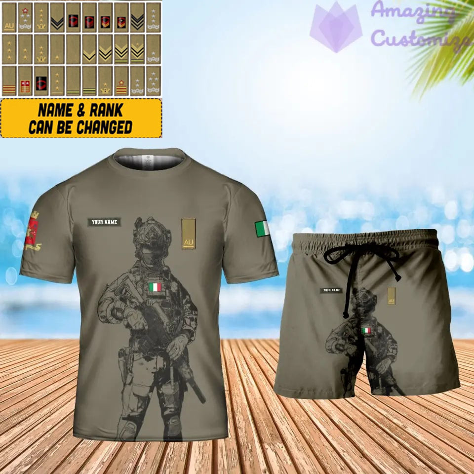 Personalisiertes italienisches Soldaten-/Veteranen-Tarnmuster mit Namen und Rang, Kombi-T-Shirt + Shorts, 3D-Druck -17042401QA