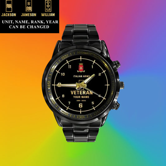 Montre personnalisée en acier inoxydable noir pour soldat/vétéran italien avec nom, grade et année - 03052402QA - Version dorée