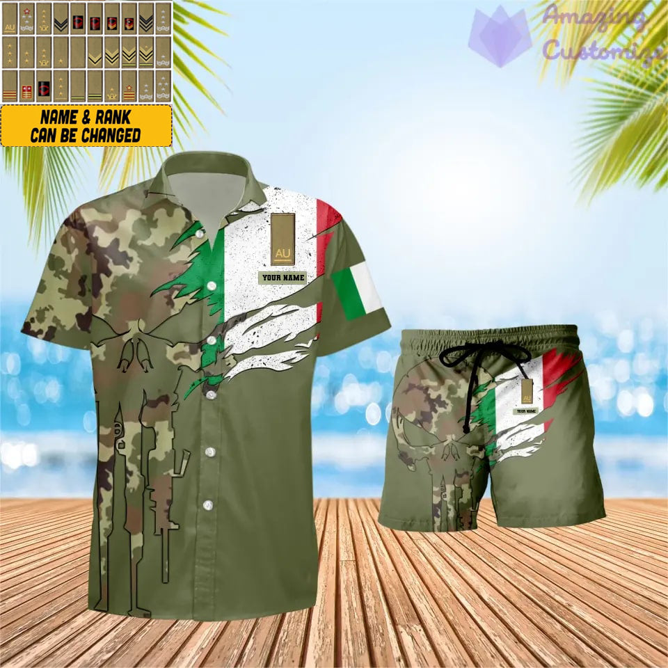 Chemise hawaïenne personnalisée avec camouflage soldat/vétéran italien et combo de grades + short imprimés en 3D - 0311230001QA