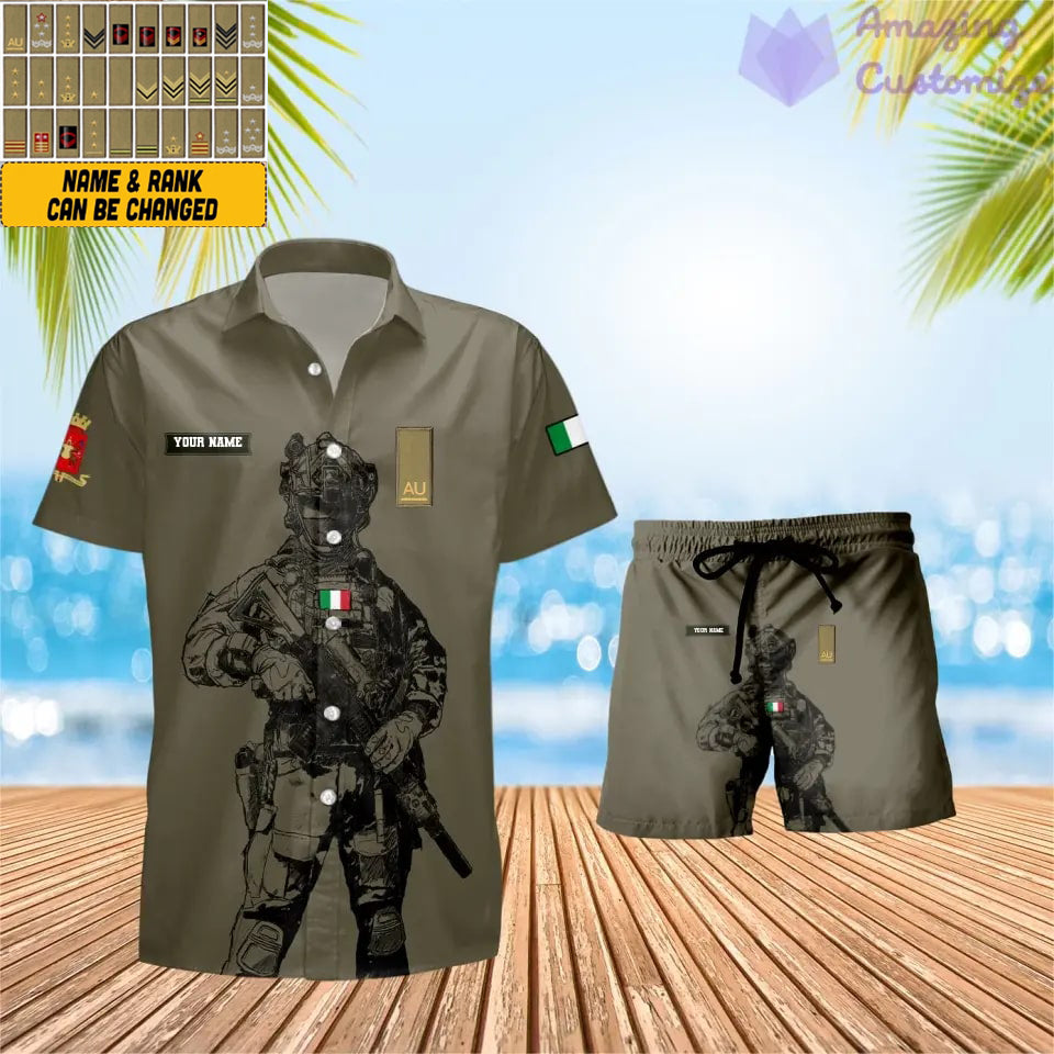 Personalisierter italienischer Soldat/Veteran, Camouflage mit Rangkombination, Hawaiihemd + Shorts, 3D-Druck – 17042401QA