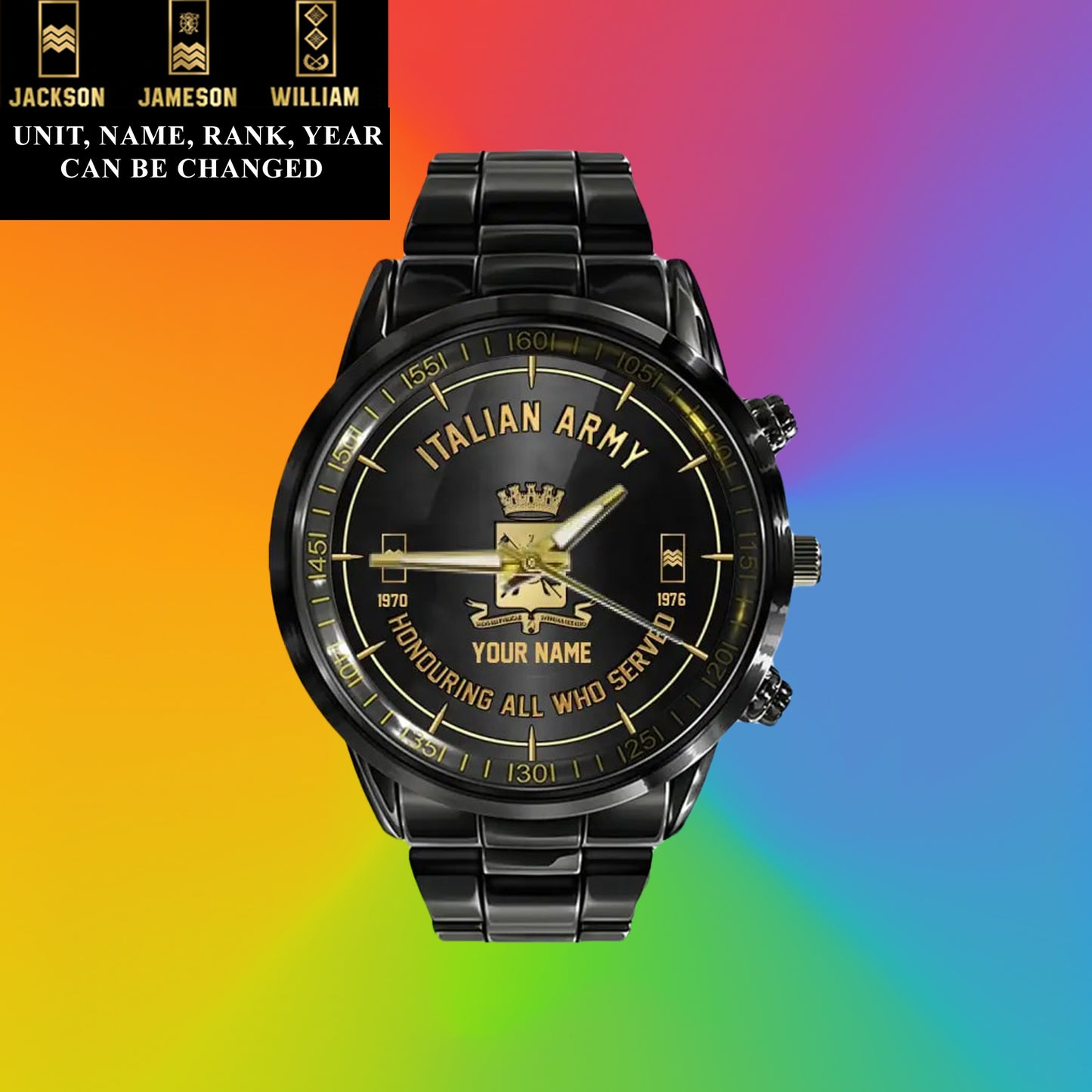 Montre personnalisée en acier inoxydable noir pour soldat/vétéran italien avec nom, grade et année - 26042401QA - Version dorée